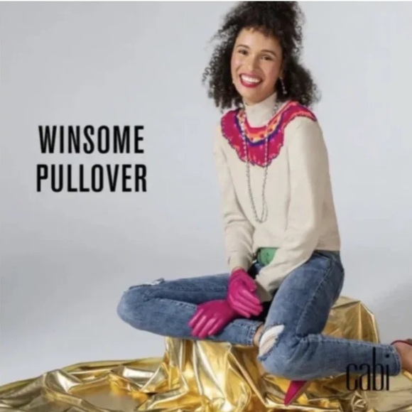 CAbi Sweaters - Cabi 4416 Winsome Oatmeal Beige Pink Embroidered Collar Pullover Sweater medium